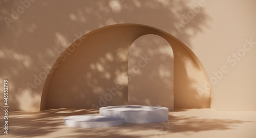 Premium podium on pastel Background for product display, Abstract geometric composition with branch and shadow on the wall -3D render. Mock up for exhibitions. Promotion. © kitipol