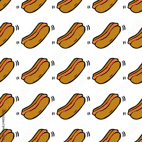 Seamless colored pattern with hot dogs. Doodle ilustration with hot dogs icons on white background.