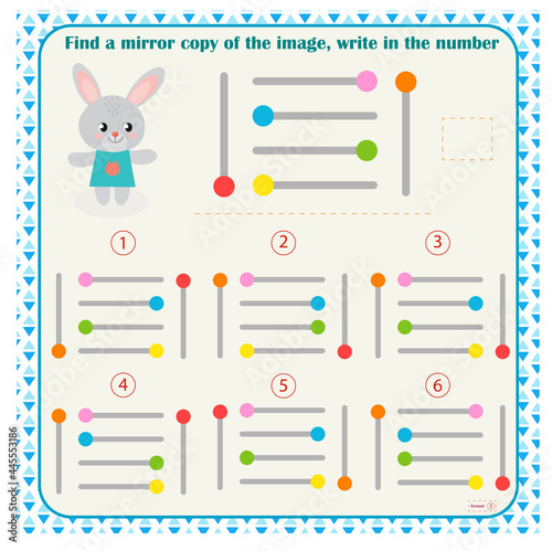  Logic puzzle game for children. Select and write down the number of the correct mirror image of the figure. Development of spatial thinking