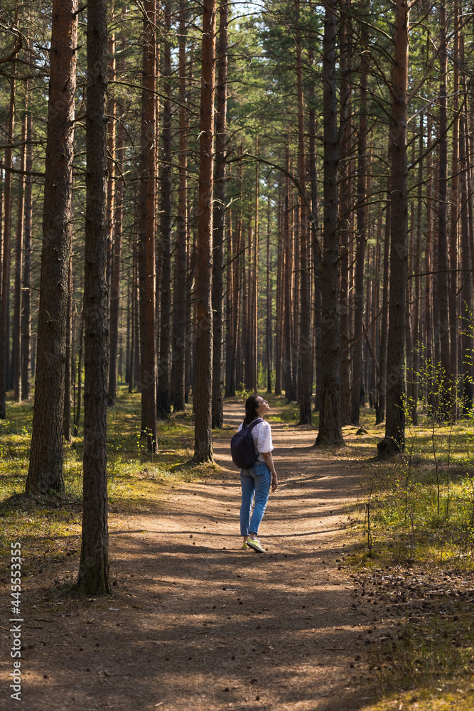 woman in a light shirt and jeans walking on a wooden path in nature, national park or forest, swamp and wooden roads for tourism and hiking, recreation and sports in nature, enjoy the peace and beauty