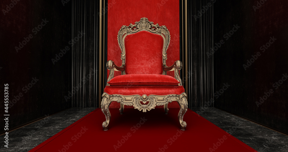 Red royal chair on a red and black background, VIP throne, Red royal throne, 3d render - obrazy, fototapety, plakaty 