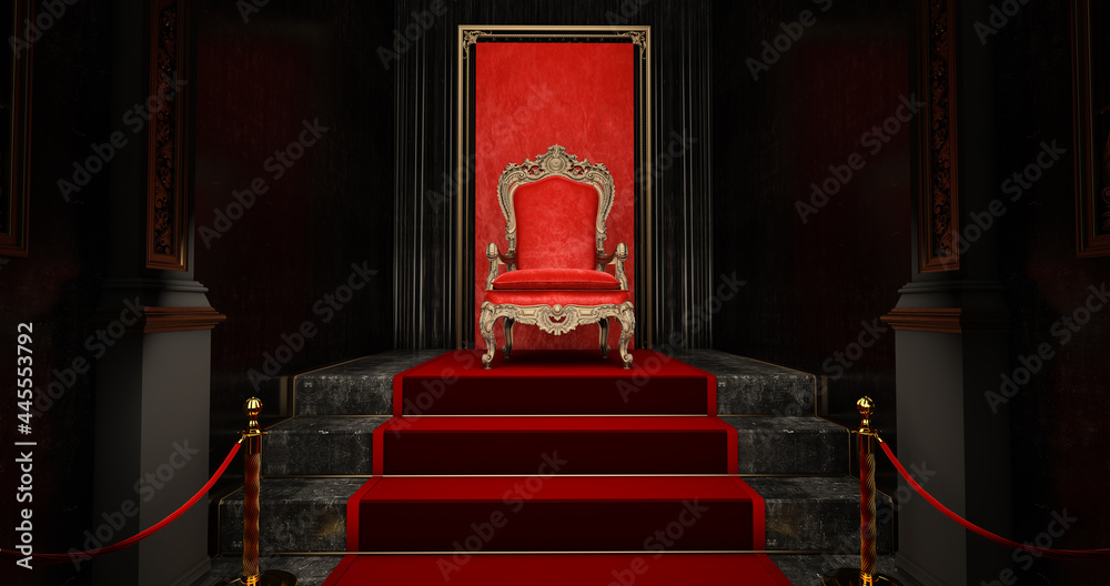 Red royal chair on a red and black background, VIP throne, Red royal