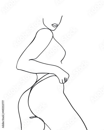 Vector outline black and white illustration of woman body. One line drawing isolated on white background.