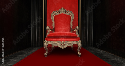 Red royal chair on a red and black background, VIP throne, Red royal throne, 3d render photo