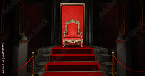 Red royal chair on a red and black background, VIP throne, Red royal throne, 3d render photo