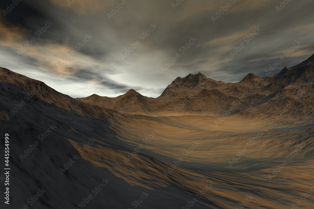 Mountains, 3d rendering, a desert landscape, gray clouds in the sky.