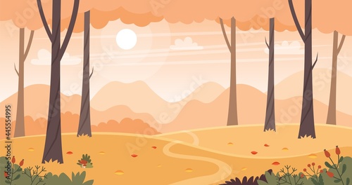 Autumn landscape with trees, fields and hills. Countryside landscape. Vector illustration in flat style