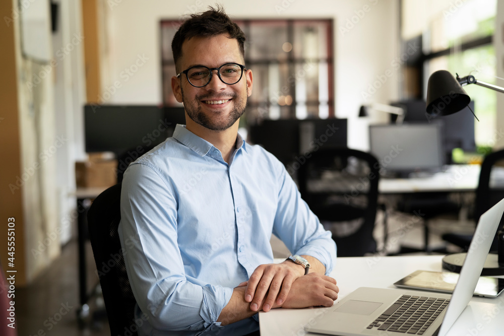 Obraz premium Young businessman using laptop in his office. Handsome man working on laptop..