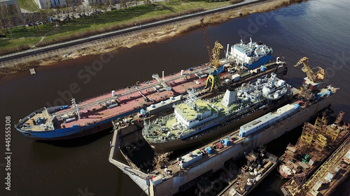Aerial view of Shipyard. Ships is under constructions. photo