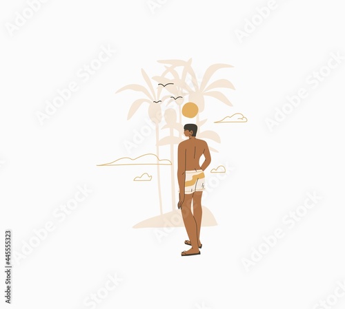Hand drawn vector abstract stock graphic summer time cartoon,minimalistic style illustrations print with bohemian beautiful male sunbathes and standing on the beach,isolated on white background.