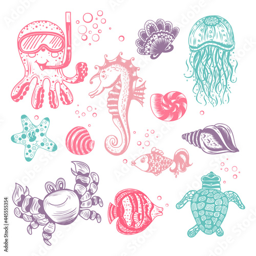 A set of hand drawn marine animals. Seahorse, octopus, shells, fish, starfish, jellyfish, sea turtle, crab. Vector cartoon ocean dwellers for different designs.