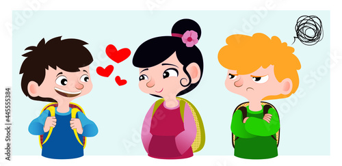 teenagers communicate, a boy looks at a girl in love, a boy is jealous and angry, vector illustration