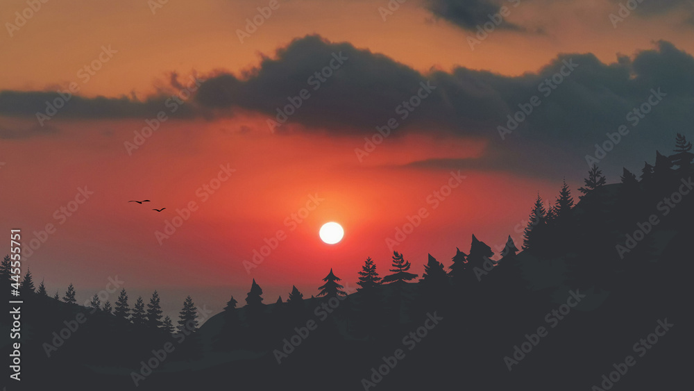 Naklejka An illustration of a beautiful sunset over wooded mountains and the sea.