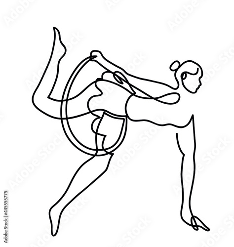 One line drawing of woman acrobat performs exercises in an air ring. One continuous line drawing of female acrobat.