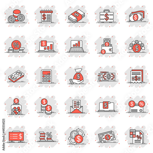 Money finance icon set in comic style. Payment cartoon vector illustration on white isolated background. Currency budget splash effect business concept.