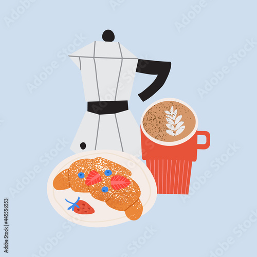 French breakfast with cappuccino coffee and croissant. Flat hand drawn vector illustration about sweet morning.