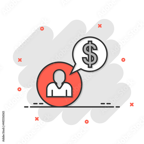 People with money icon in comic style. Investor cartoon vector illustration on white isolated background. Businessman splash effect business concept.