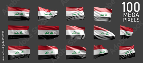 many different images of Iraq flag isolated on grey background - 3D illustration of object