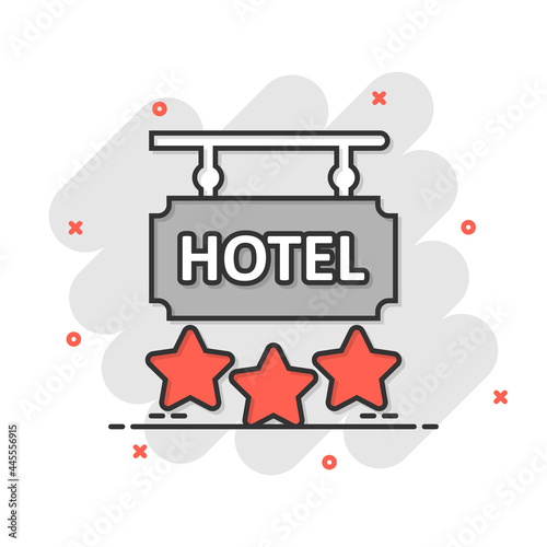 Hotel 3 stars sign icon in comic style. Inn cartoon vector illustration on white isolated background. Hostel room information splash effect business concept.