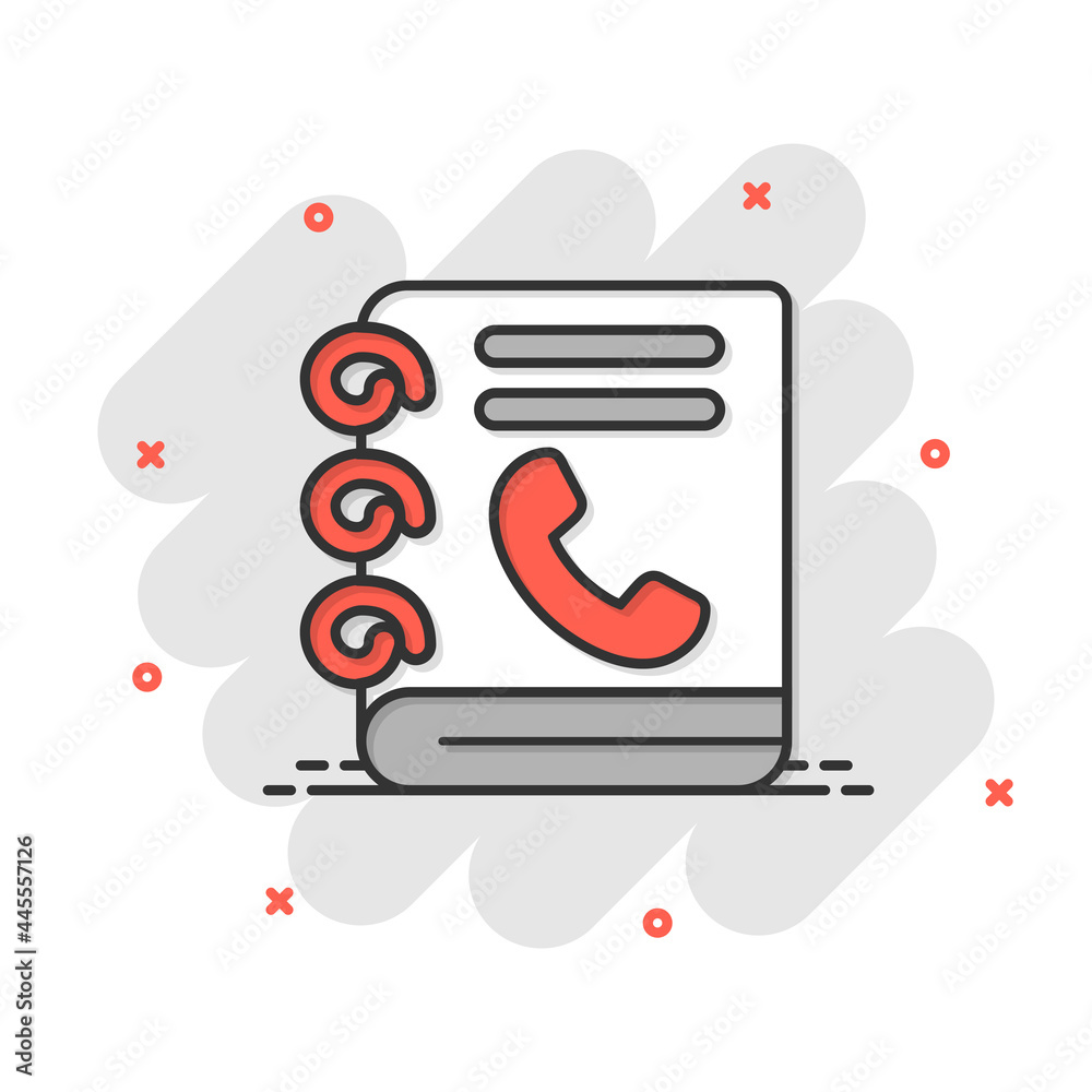 Address phone book icon in comic style. Telephone notebook cartoon vector illustration on white isolated background. Hotline contact splash effect business concept. Address phone book icon in comic style. Telephone notebook cartoon vector illustration on white isolated background. Hotline contact splash effect business concept.