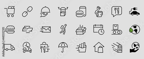PIZZA DELIVERY, and Food Icon Set Vector thin line, contains courier, home delivery, food ordering, fast transport, drone, ship, car, editable stroke. ICONS circuits
