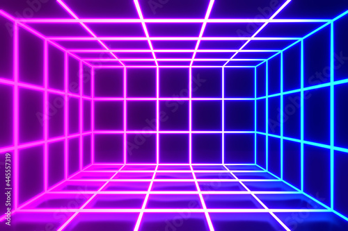 3D Rendering Illustration. Futuristic Modern Grid With Purple And Blue Glowing Neon Square Shape Empty Space Wallpaper Background