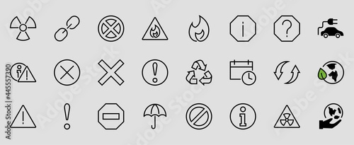 WARNINGS simple set of thin line vector icons. Contains icons such as warning, exclamation mark, reuse, warning sign and more. Editable stroke. Vector illustration