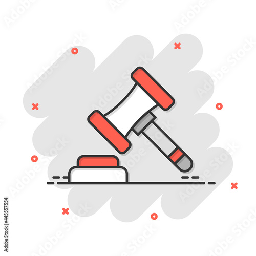 Auction hammer icon in comic style. Court sign cartoon vector illustration on white isolated background. Tribunal splash effect business concept.