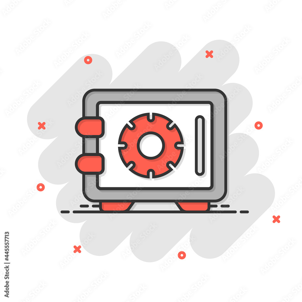 Safe money icon in comic style. Strongbox cartoon vector illustration on white isolated background. Finance security splash effect business concept. Safe money icon in comic style. Strongbox cartoon vector illustration on white isolated background. Finance security splash effect business concept.