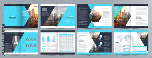 Corporate business presentation guide brochure template, Annual report, 16 page minimalist flat geometric business brochure design template, A4 size.