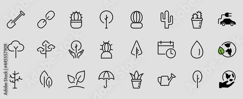 A set of Rosteniya Icons, and garden care, Vector illustration, Contains Icons such as tree, cactus, watering can, spade, flower and much more. on a white background, editable bar 480x480
