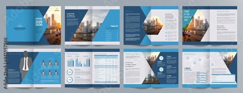 Corporate business presentation guide brochure template, Annual report, 16 page minimalist flat geometric business brochure design template, A4 size.