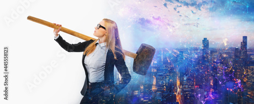 Building a network - a successful business woman with a hammer makes the breakthrough