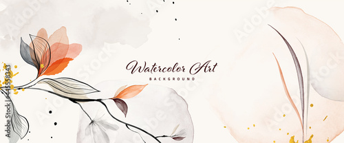 Abstract background watercolor orange flower and gold drops