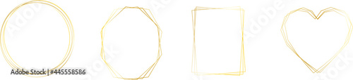 Set of golden  frames. Great for wedding invitations and wedding cards. Abstract shapes - elipse,  reectangle, heart and polygon luxury collection. Vector illustration.
