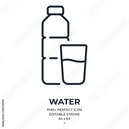 Water bottle and glass editable stroke outline icon isolated on white background flat vector illustration. Pixel perfect. 64 x 64.