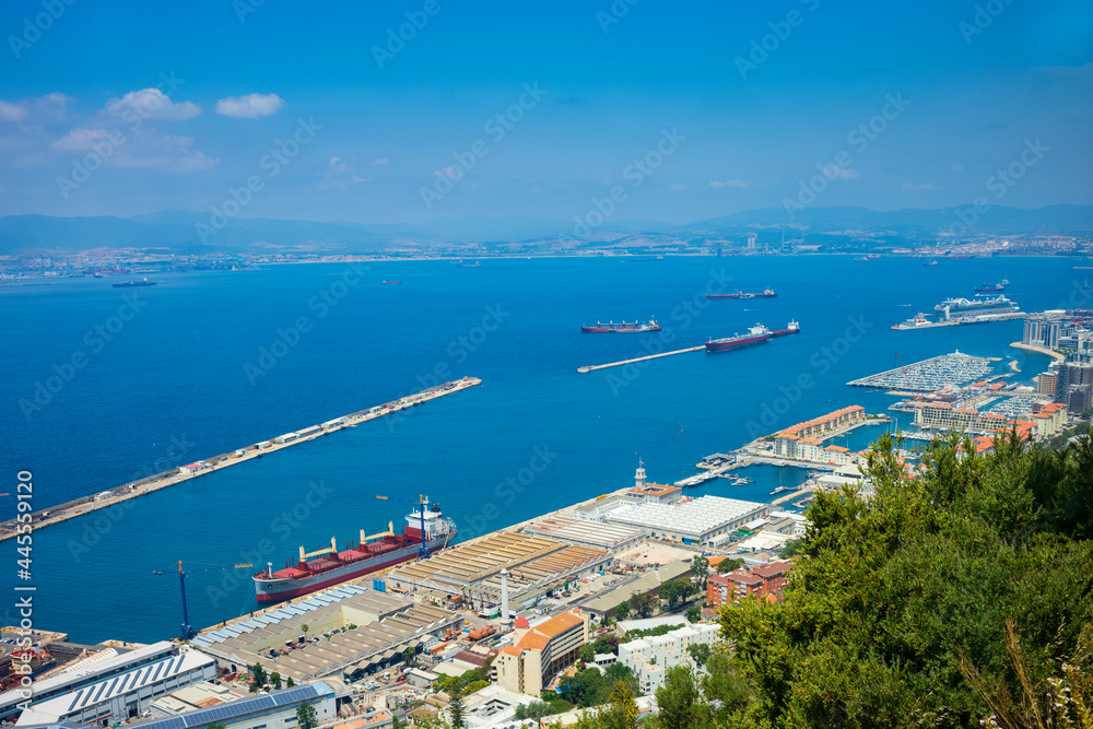 Cargo ships docked at the Port of Gibraltar, seen from a mountaintop on a clear summer day.