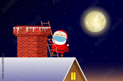 Santa in medical mask climbing chimney. Vector illustration.