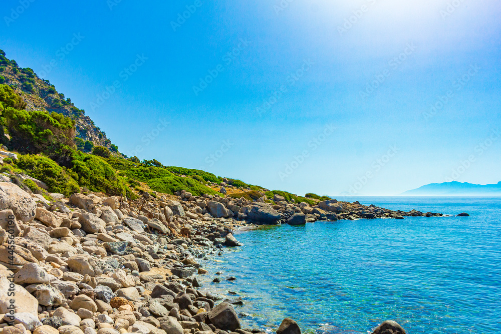 Natural coastal landscapes on Kos Island Greece mountains cliffs rocks.
