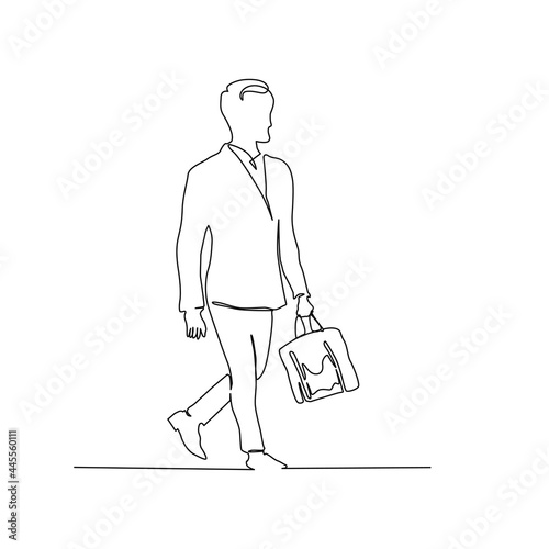 Continuous line drawing of businessman walking and holding bag. business element , poster, wall art concept design with active stroke.