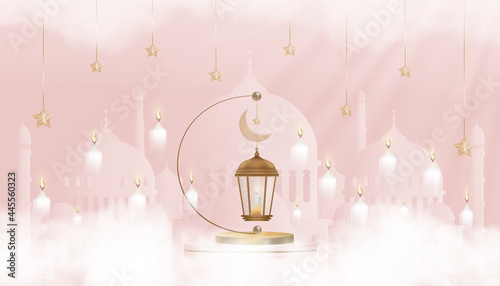 Eid Mubarak card Traditional Islamic lantern,Crescent moon and Star on pink background,Vector background for Islamic religions,Ramadan Kareem,Eid al fitr,Eid al Adha,Happy Muharram,Islamic new year