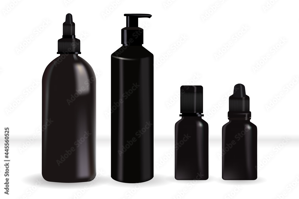 Realistic cosmetic mockup. Packages for cosmetic product. Blank templates of containers vial with dropper, bottle for shower gel, lotion, shampoo with pump dispenser, jar, tube for cream. Realistic cosmetic mockup. Packages for cosmetic product. Blank templates of containers vial with dropper, bottle for shower gel, lotion, shampoo with pump dispenser, jar, tube for cream.