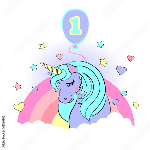 A sweet greeting card with a lilac unicorn and rainbow, stars, hearts and balloon for a kids first birthday party
