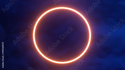 Glowing ring frame in dark clouds background. Orange circle 3d render surface of blue fog. Laser neon light with washed out saturated sea waves. Trendy template for advertising and presentation