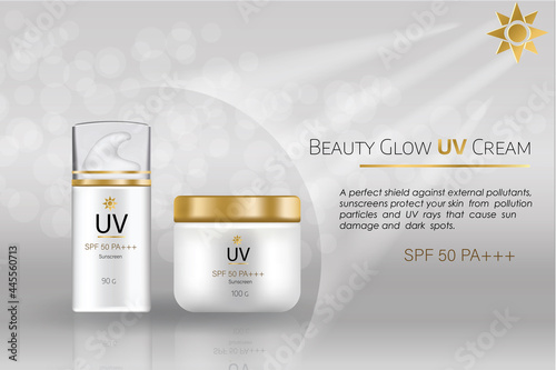 Cosmetic package advertising vector template for BB face cream or skin tone moisturizer tube on premlium beige with glitter background for product design