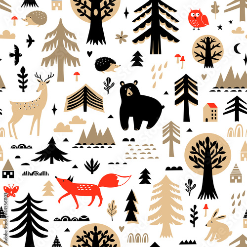Seamless pattern with forest animals and plants. Cute fox, bear, rabbit, hedgehog, owl, deer on white background. Scandinavian style flat design.