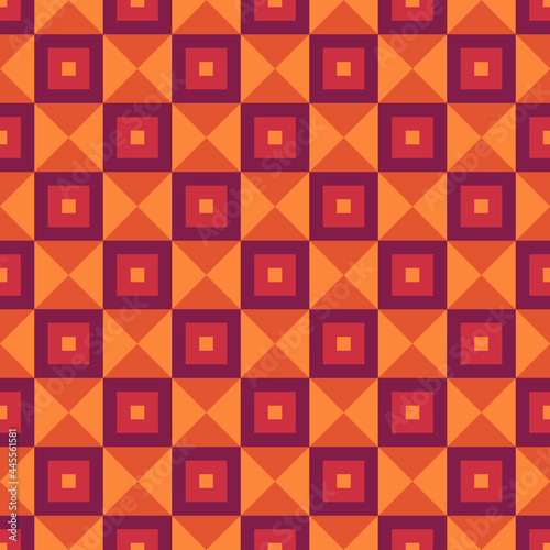 Triangles, checks ornament. Seamless pattern. Tiles backdrop. Triangular shapes, squares wallpaper. Geometric background. Ethic motif. Digital paper. Geometrical web designing. Mosaic textile print.