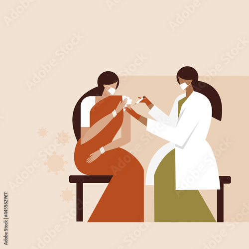 Illustration of a woman of Indian origin getting vaccinated by a nurse