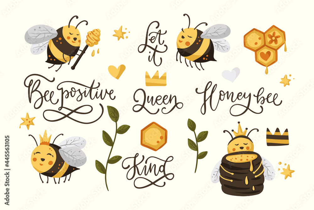 Fototapeta premium Cartoon honey bee nature graphic set. Lettering positive cute design with text quote.