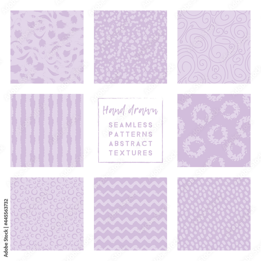 periwinkle pastel lavender hand-drawn blots and brush stroke seamless patterns collection